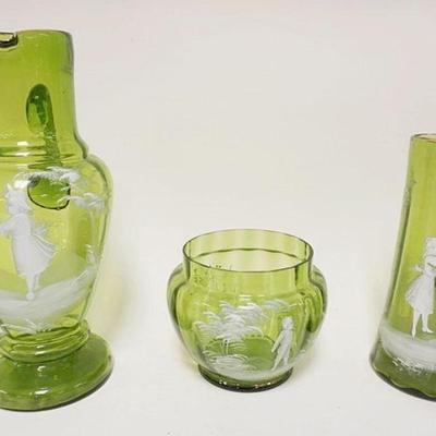 1266	3 PIECE LOT OF GREEN ENAMELED MARY GREGORY, BLOWN GLASS, TALLEST IS APPROXIMATELY 13 IN
