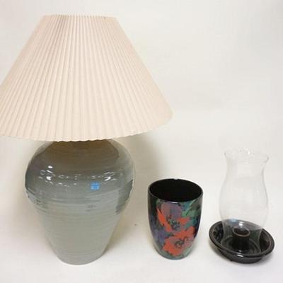 1308	LOT SIMON PIERCE POTTERY, TABLE LAMP, CANDLE HOLDER W/HURRICANE SHADE & STEVLER DECORATED VASE, LAMP IS APPROXIMATELY 27 IN HIGH
