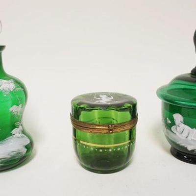 1265	3 PIECES GREEN ENAMELED MARY GREGORY LOT, TALLEST IS APPROXIMATELY 8 IN HIGH
