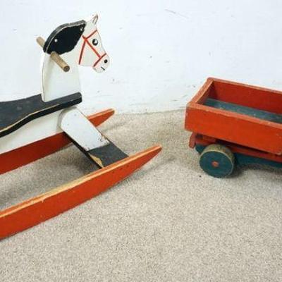 1090	LOT OF CHILDS ANTIQUE TOY WOOD DUM TRUCK *GRANDADS TOY* AND WOOD ROCKING HORSE, HORSE APPROXIMATELY 12 IN X 30 IN X 20 IN HIGH
