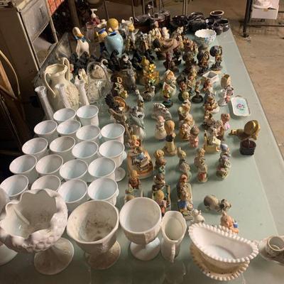 milk glass and figurines galore