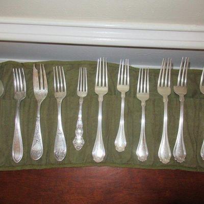 ANTIQUE 11 PIECE STERLING SILVER ORNATE ASSORTED FORKS AND SPOON ONE FORK HAS DAMAGE