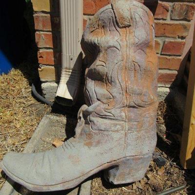 LOOK WHAT BIG TEX LEFT IN OUR GARDEN THE CERAMIC BOOT MEASURES 18â€ X 9â€ X 21â€