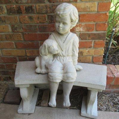 CONCRETE BOY AND HIS DOG GARDEN ART 25" AND CONCRETE BENCH YARD ART 29" X 14" X 11