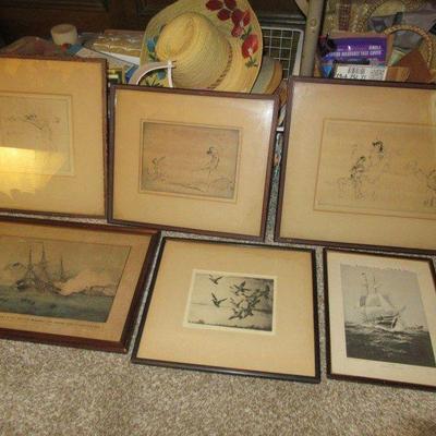3 ANTIQUE/VINTAGE ETCHINGS THE LARGEST IS 18" X 14" BY TROY KINNEY, 2 VINTAGE LITHOGRAPHS OF AMERICAN WARSHIPS AND FRANK BENTON...