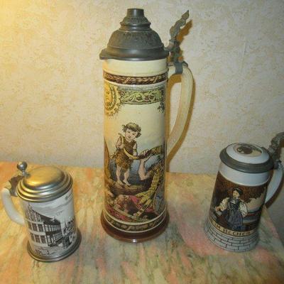 ANTIQUE/VINTAGE GERMAN BEER STEINS ALL MARKED OR STAMPED ONE IS A METTLACH AND IS 16