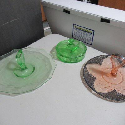 2 URANIUM GLASS SEVING DISHES AND ORNATE PINK GLASS PLATTER