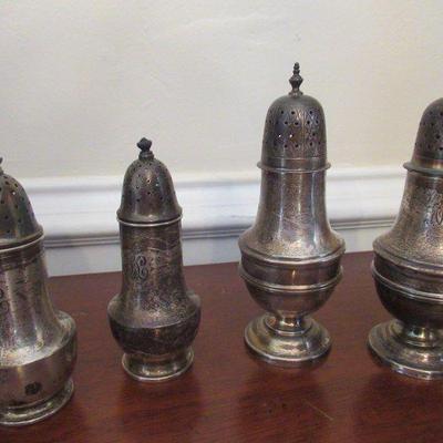 ANTIQUE FOUR PIECE STERLING SILVER SALT AND PEPPER SHAKERS WITH MONOGRAMS