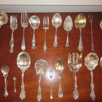 ANTIQUE 20 PIECES OF ASSORTED ORNATE STERLING SILVER SERVING TABLEWARE SOME WITH MONOGRAM