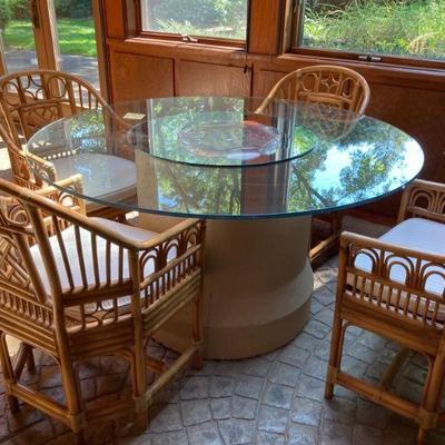 Vintage sewer pipe table with glass top & 4 bamboo chairs