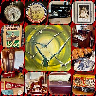 Oil paintings, clocks, vintage toys, records