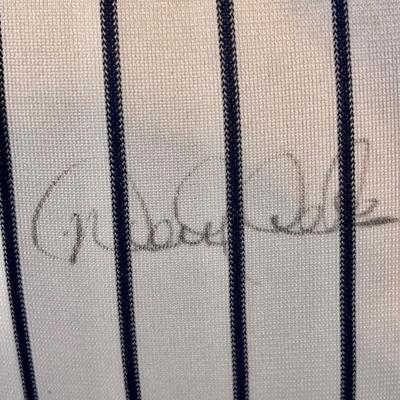 NY Yankees Autographed Pinstripe Chair Signed by Baseball Hall of Fame Legend Derek Jeter