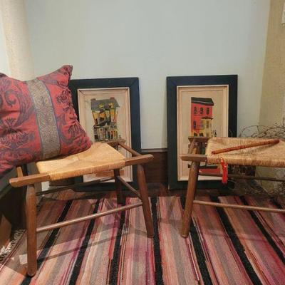 Vintage woven stools/ottomans, rug, & folk art