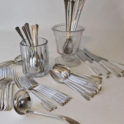 46 pieces of c. 1940 "Meadow Flower" silver plate flatware by H&T Mfg. Co. in like-new condition, in spooner on left - 6...
