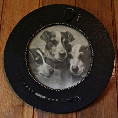 Folk art frame with Jack Russell terriers print.