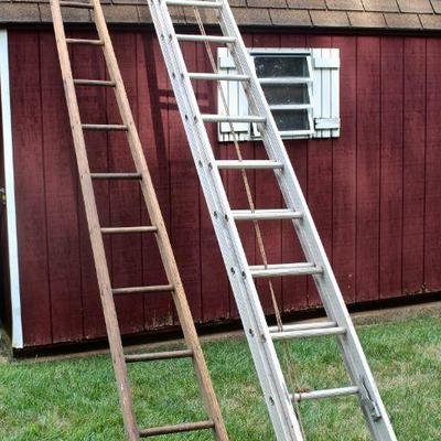 14 foot aluminum extension ladder, 13.5 foot wooden orchard ladder