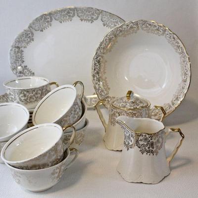 W. S. George Radisson china with gold decoration - place settings for 8 and serving pieces.