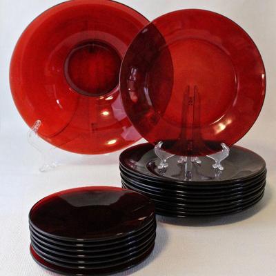 Vintage Ruby Red Anchor Hocking serving bowl, dinner plates, & salad plates.