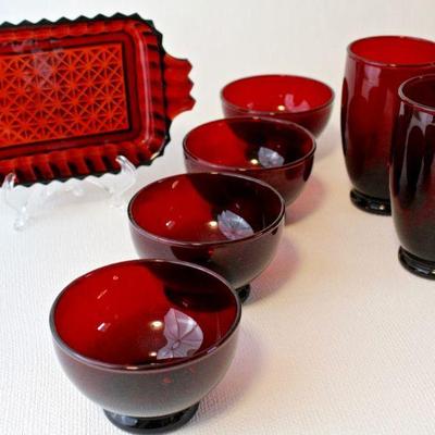 Vintage Ruby Red berry bowls, footed tumblers, and tray.