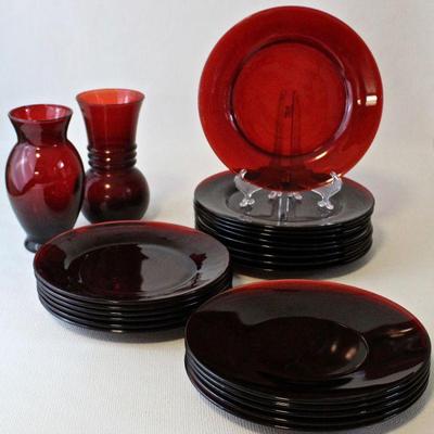 Vintage Ruby Red luncheon plates & vases.