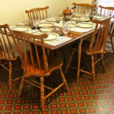 Cherry drop leaf dining table with six chairs. 