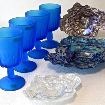 Set of 4 frosted blue pattern glass goblets, Set of 3 Akcam glass 