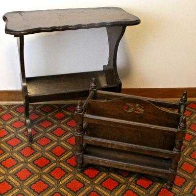 Vintage wood side table with built in book rack, wood magazine rack. 