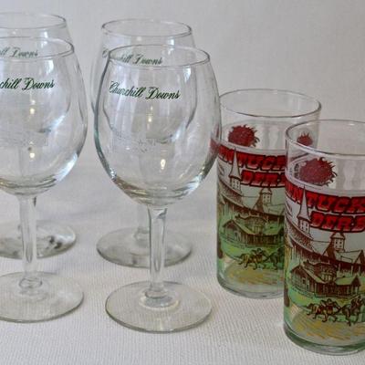 Churchill Downs wine glasses (set of 4) and  pair of 1978 Kentucky Derby tumblers, the year Affirmed won the Triple Crown. 
