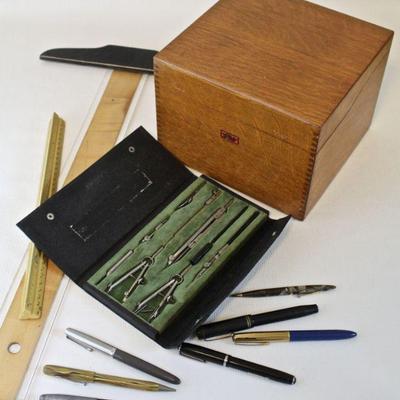 Vintage drafting supplies, oak file box, assorted ink pens, including Parker.