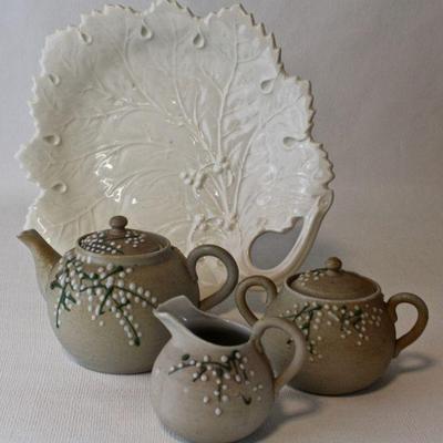 ceramic leaf platter, moriage tea set