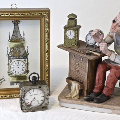 Horological art - "Big Ben London," clock repairman porcelain figurine. 