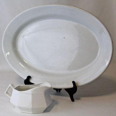 large, ironstone platter & ceramic pitcher