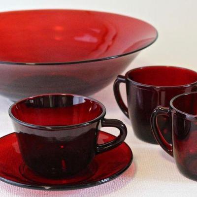 Profile of the Ruby Red serving bowl, cup & saucer, and sugar & creamer.