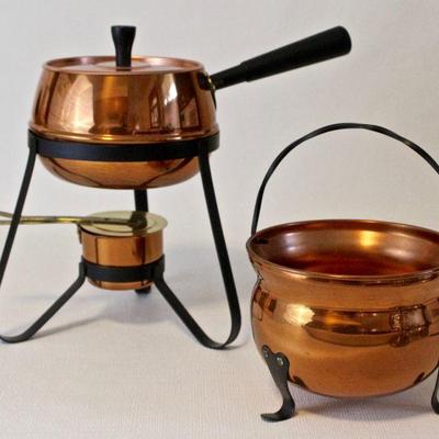Fondue set for meat, copper Escalade pot.