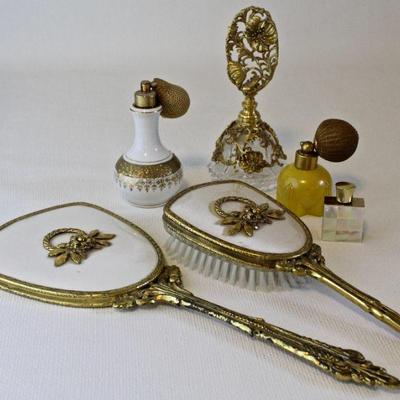 Vintage dresser set, perfume bottles.