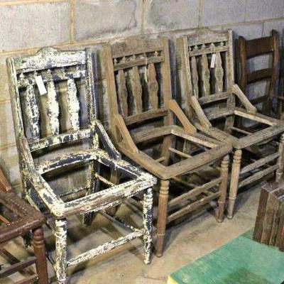 Set of chairs waiting for a new finish, new seats, and a new life.