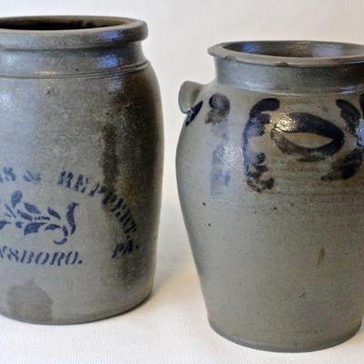 antique crocks with blue decoration