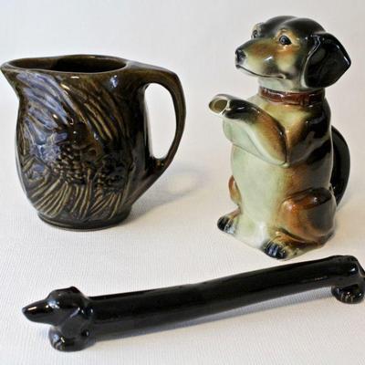 Erphila dog tea pot c. 1945, Dachshund salt & pepper shaker, and ceramic pitcher.