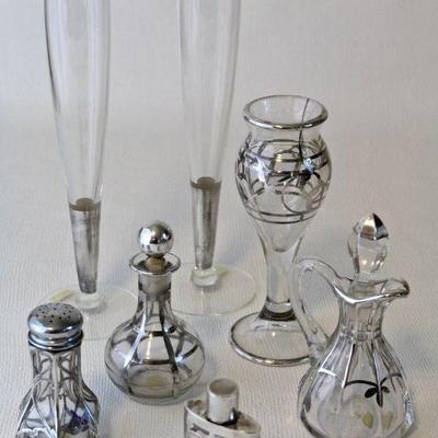 Antique & vintage silver overlay - bud vases, cruet, perfume bottle, & salt shaker.