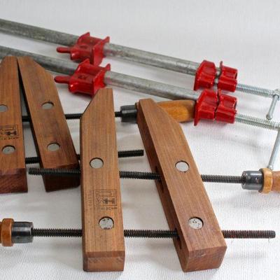 Hand screw wood clamps, pipe clamps.