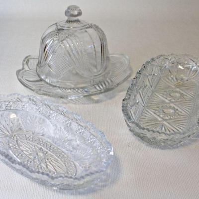 Early American Pattern Glass covered butter dish, serving dishes.