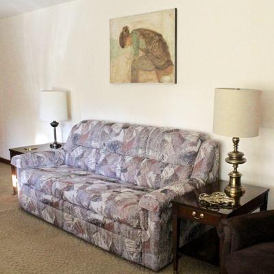 Lazy Boy sofa, vintage Mersman "Classic" end tables & cocktail table (not shown), and original artwork.