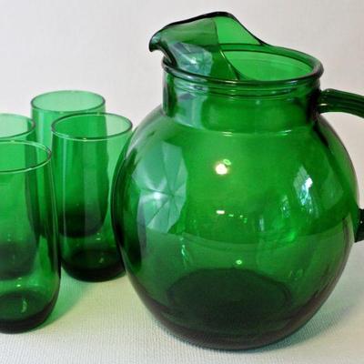 Forest Emerald Anchor Hocking ball pitcher and tumblers.