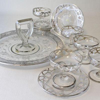 Antique & vintage serving tray, sherbet dishes & saucers with silver overlay.