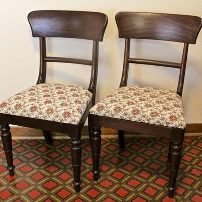 Pair of vintage side chairs with solid wood backs. 