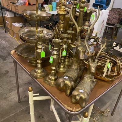 Large Collection of Brass Candle Sticks and Figurines 