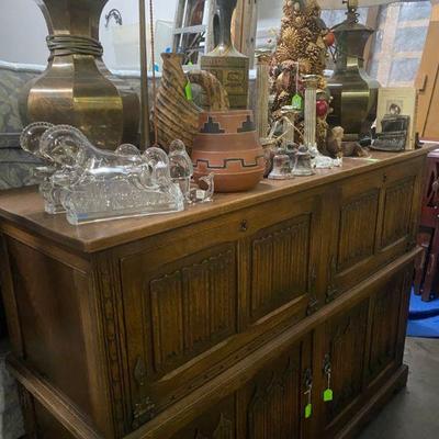 Antique Hand Carved Oak Buffet/Bar, with red leather inserts