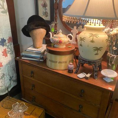 Antique Oak Dresser, Neiman Marcus Hat Box 