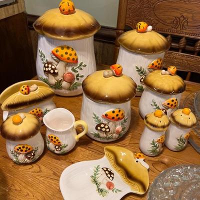 1978 Sears Merry Mushroom 
SOLD 3pc Canister set $70
large has been repaired - $10 see last pictures)
Spoon Rest  $32 SOLD
C&S. $26
S&P...