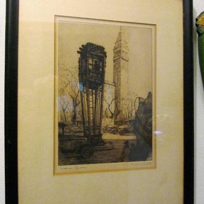 Rosamond Niles "Madison Square" signed etching